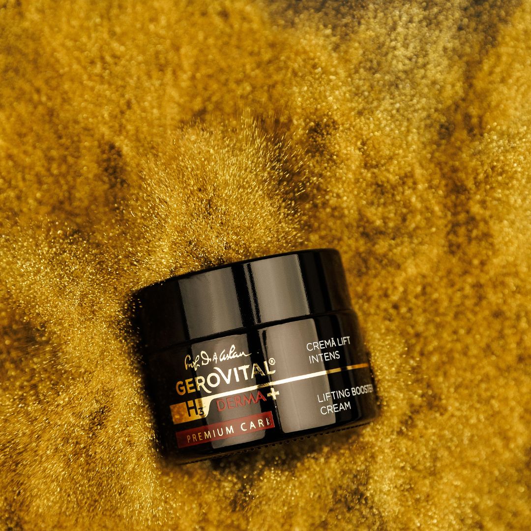 Vaso nero. Scritta: Gerovital H3 Derma+, Premium Care, Crema Lift Intens, Lifting Booster Cream. Su sfondo dorato.
