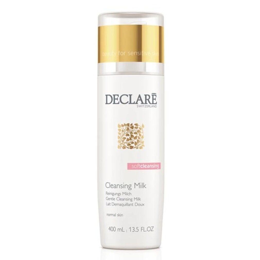 Flacone bianco con tappo dorato. DECLARÉ Reinigungsmilch, logo e testo. Scritta: softcleansing, Cleansing Milk, 400 ml.