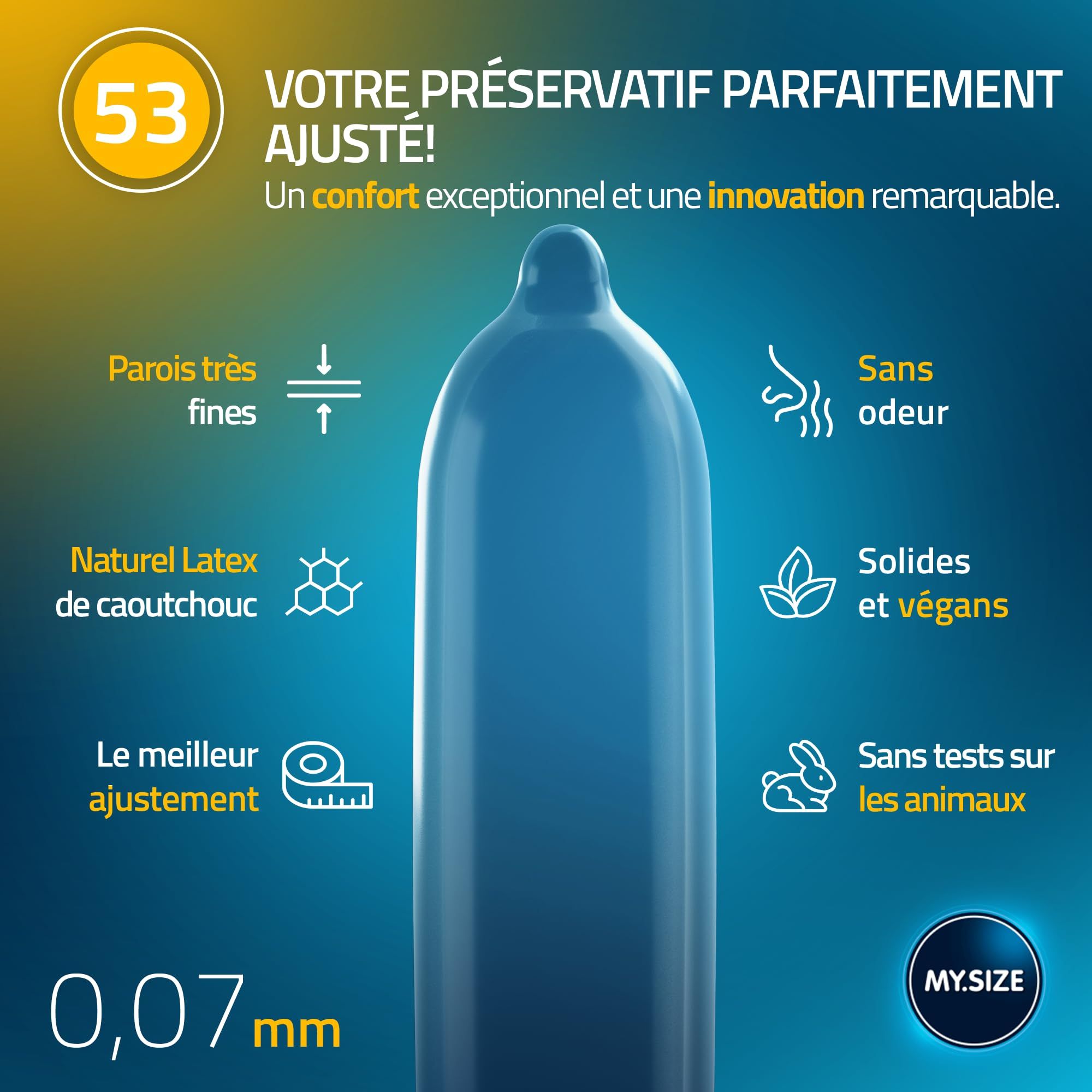 Preservativo blu, sottile 0,07 mm, in lattice di gomma naturale, inodore, solido e vegano, non testato su animali.