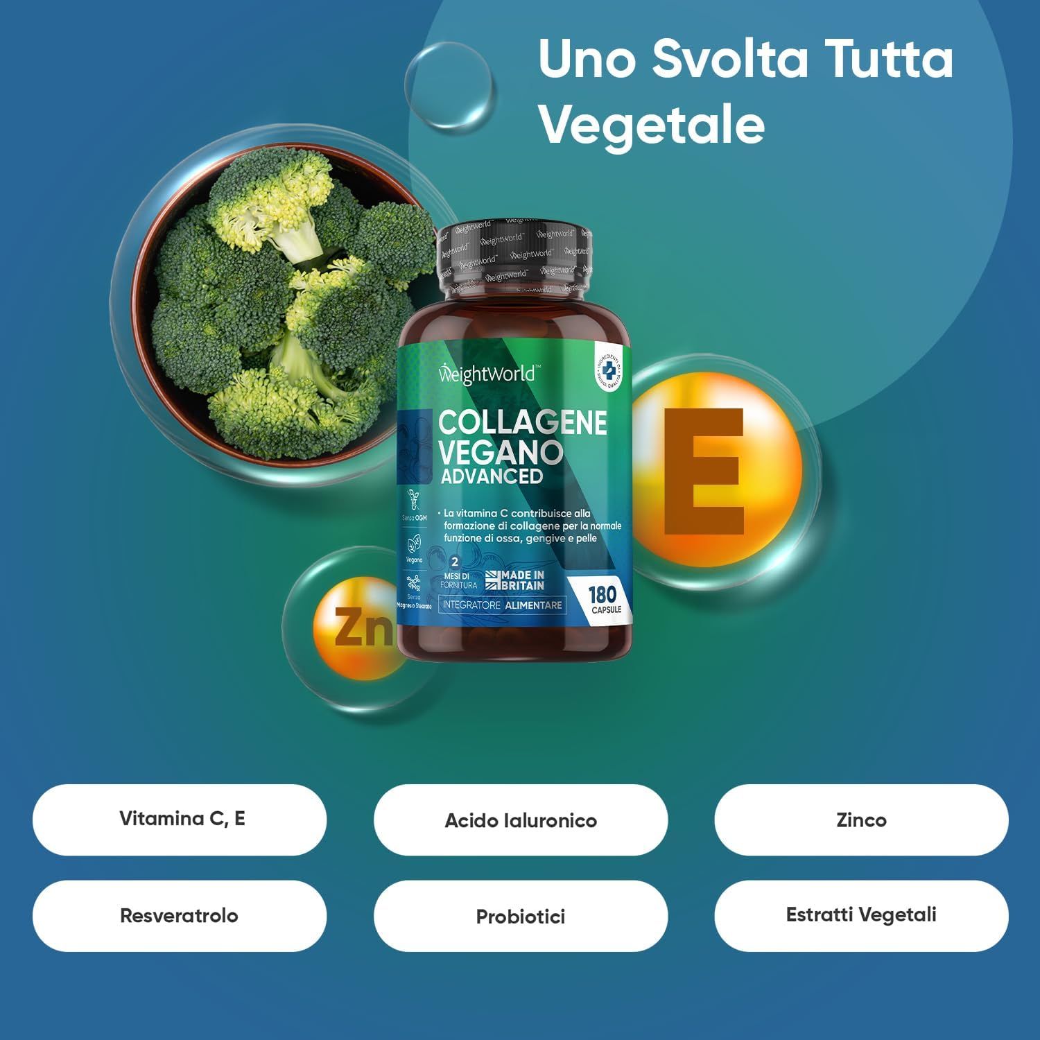 Flacone con 180 capsule, broccoli, vitamina C, E, zinco, acido ialuronico, resveratrolo, probiotici. Testo: Uno Svolta Tutta Vegetale.