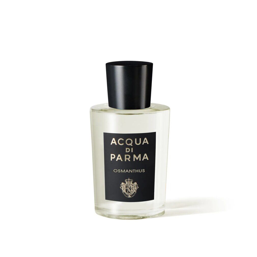 Flacone in vetro con tappo nero. Etichetta con testo: Acqua di Parma Osmanthus.
