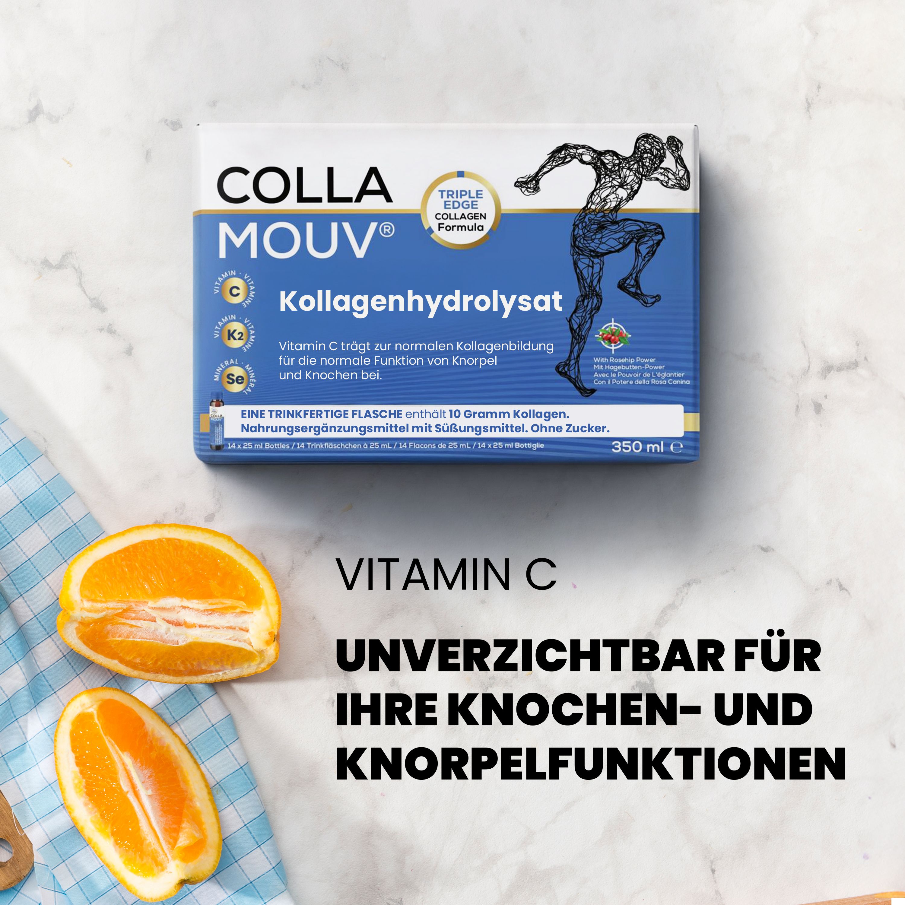 BHW Collamouv Original Kollagen: Scatola con illustrazione di uomo, Vitamina C e K2.