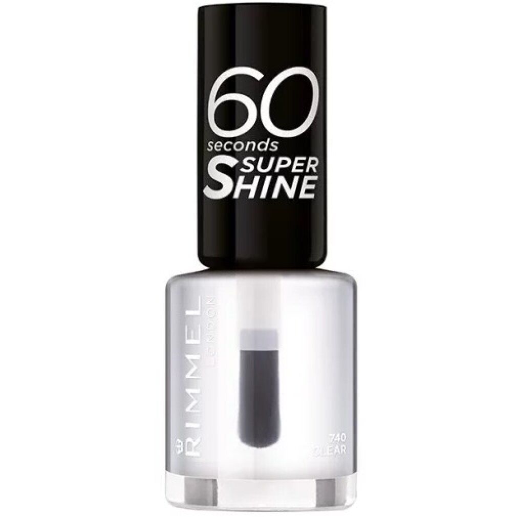 Flacone di smalto trasparente con tappo nero. Scritta: 60 seconds SUPER SHINE, Rimmel London, 740 Clear.