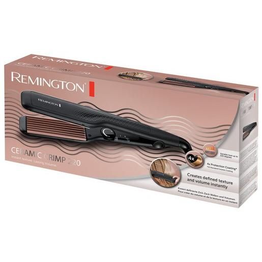 Arricciacapelli nella confezione. Nome del prodotto: CERAMIC CRIMP 220. Logo Remington. Illustrazioni d'uso.