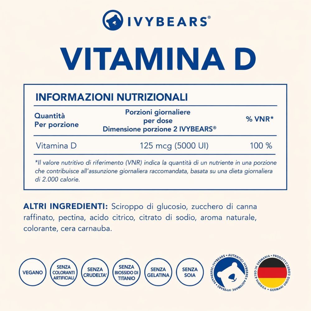 Informazioni nutrizionali per la vitamina D. Contiene informazioni su quantità, porzioni giornaliere e ingredienti.
