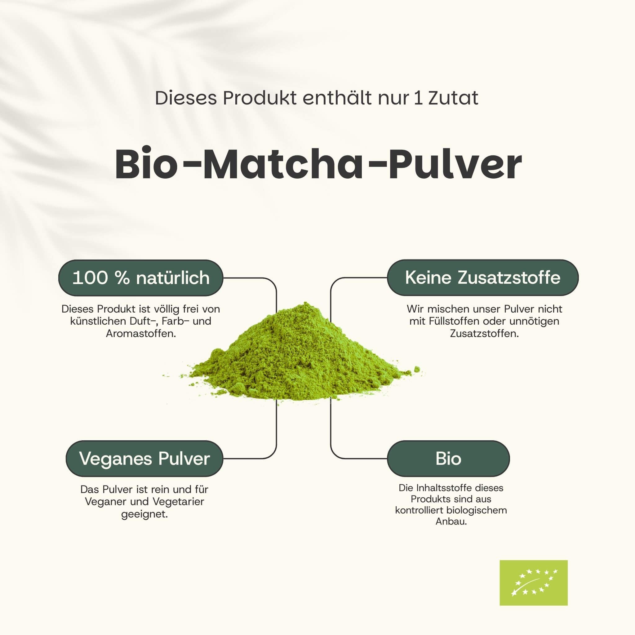 Polvere di Bio-Matcha, 100% naturale, vegana, senza additivi, da agricoltura biologica controllata.