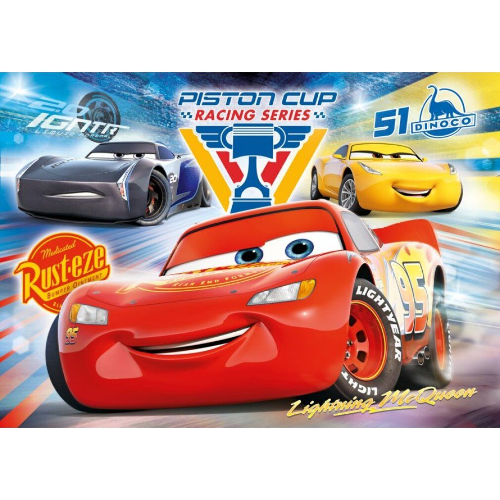 Puzzle Cars 3 completato. Lightning McQueen e altre auto da corsa. Piston Cup Racing Series. 104 pezzi.