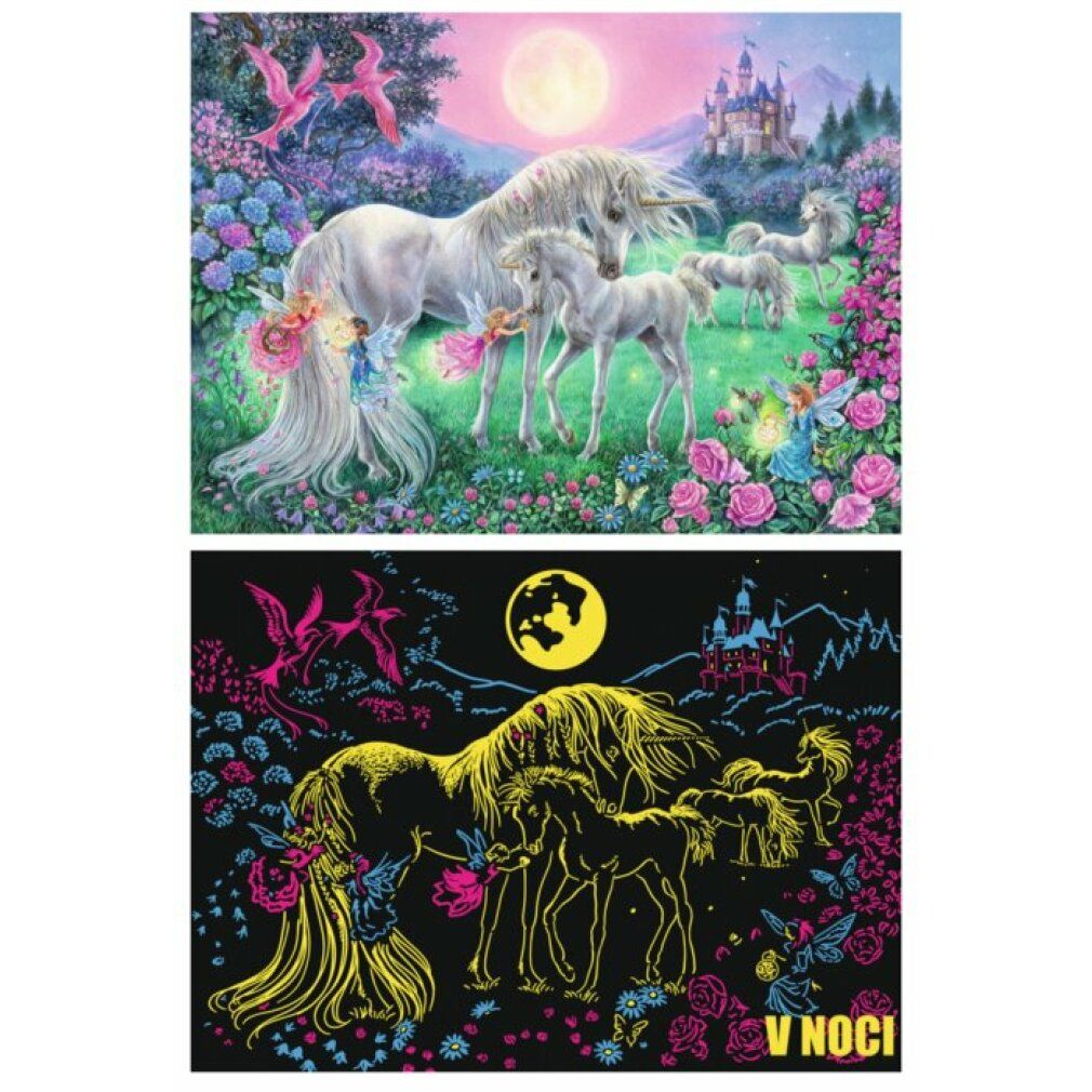 Puzzle con unicorni al chiaro di luna. Due viste: colorata e luminosa. Unicorni, fate, castello, luna e fiori.