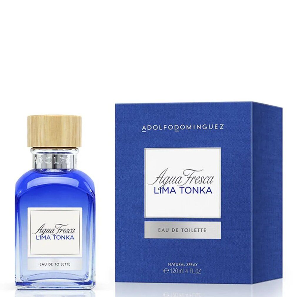 Flacone e scatola di profumo blu. Scritta: Agua Fresca Lima Tonka, Eau de Toilette. Tappo color legno.
