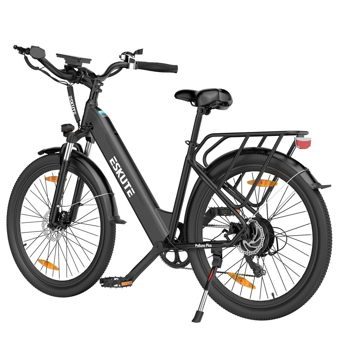 Bicicletta elettrica ESKUTE Polluno Plus nera. Portapacchi, parafanghi, fanalino posteriore. Batteria 36V 20Ah.