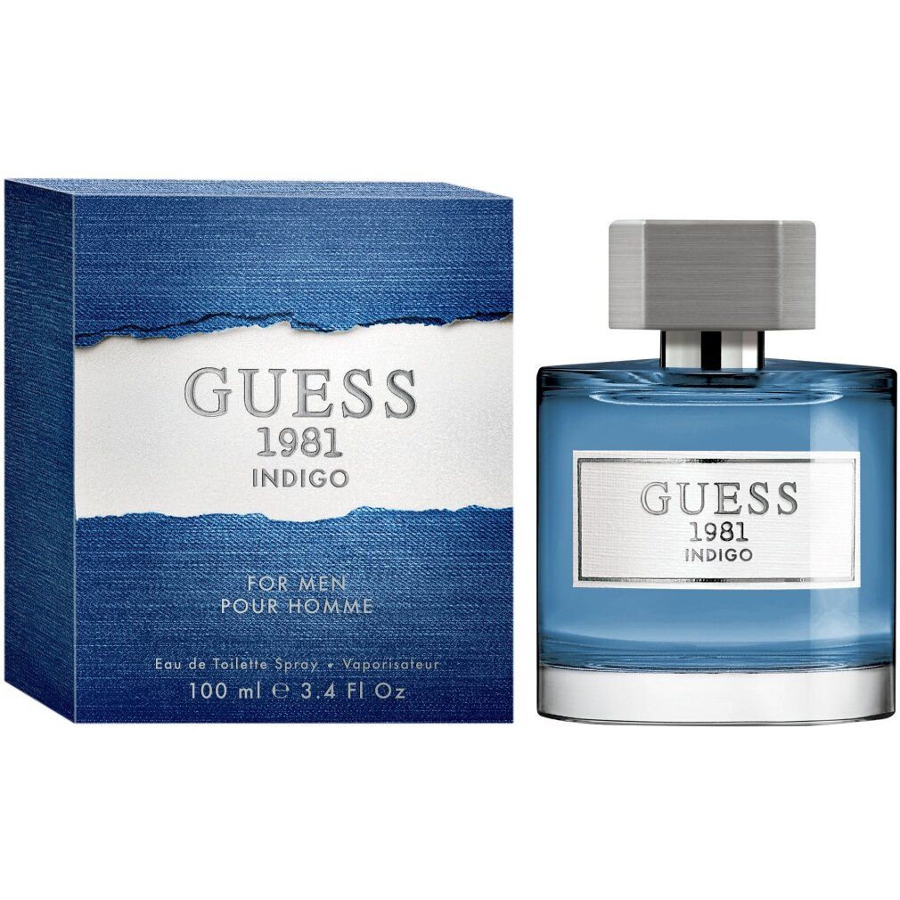 Flacone e scatola blu. Scritta: GUESS 1981 INDIGO. Per uomo. Eau de Toilette Spray. Testo argento su sfondo blu.