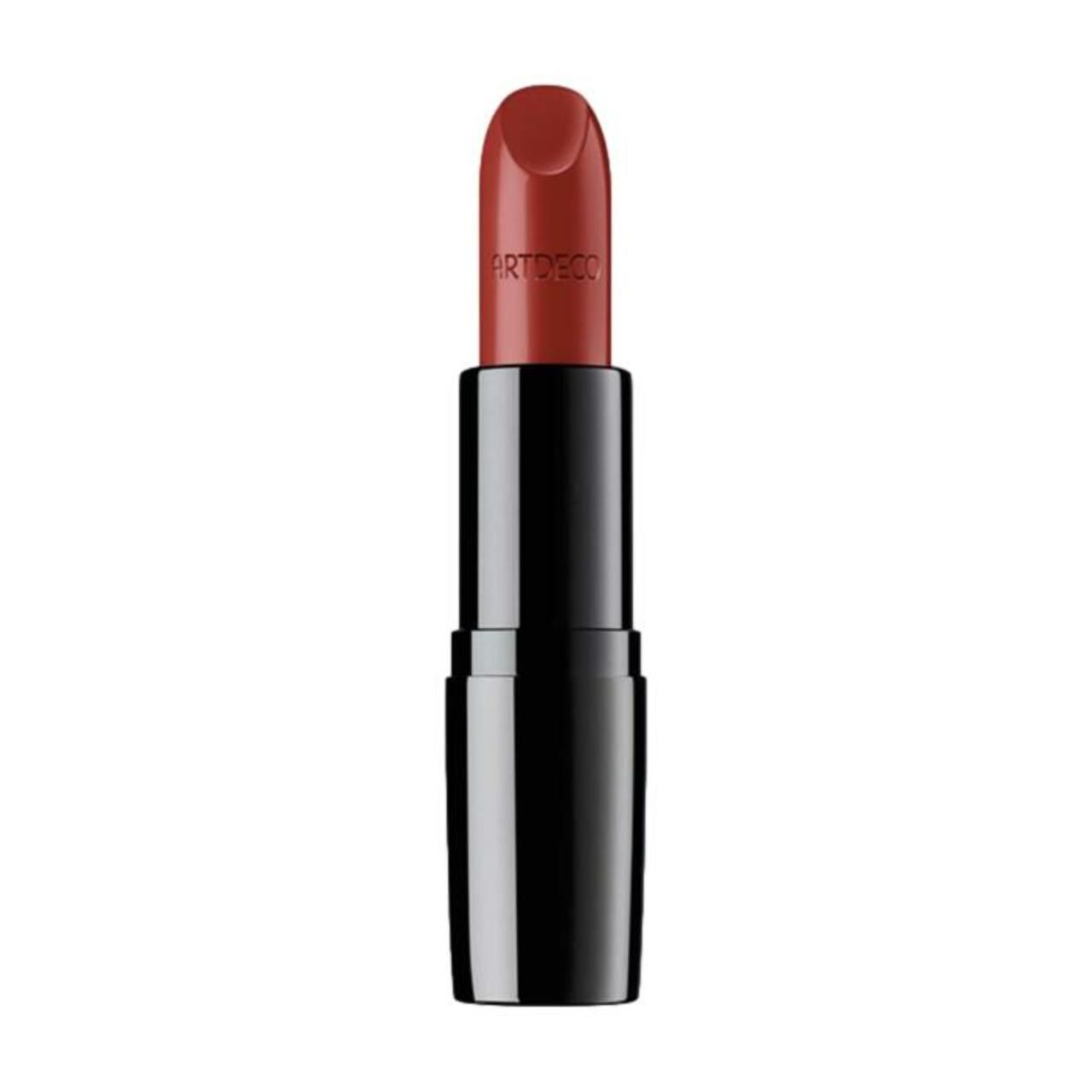 Rossetto Artdeco Perfect Color. Astuccio nero, rossetto rosso. Nome del prodotto visibile.