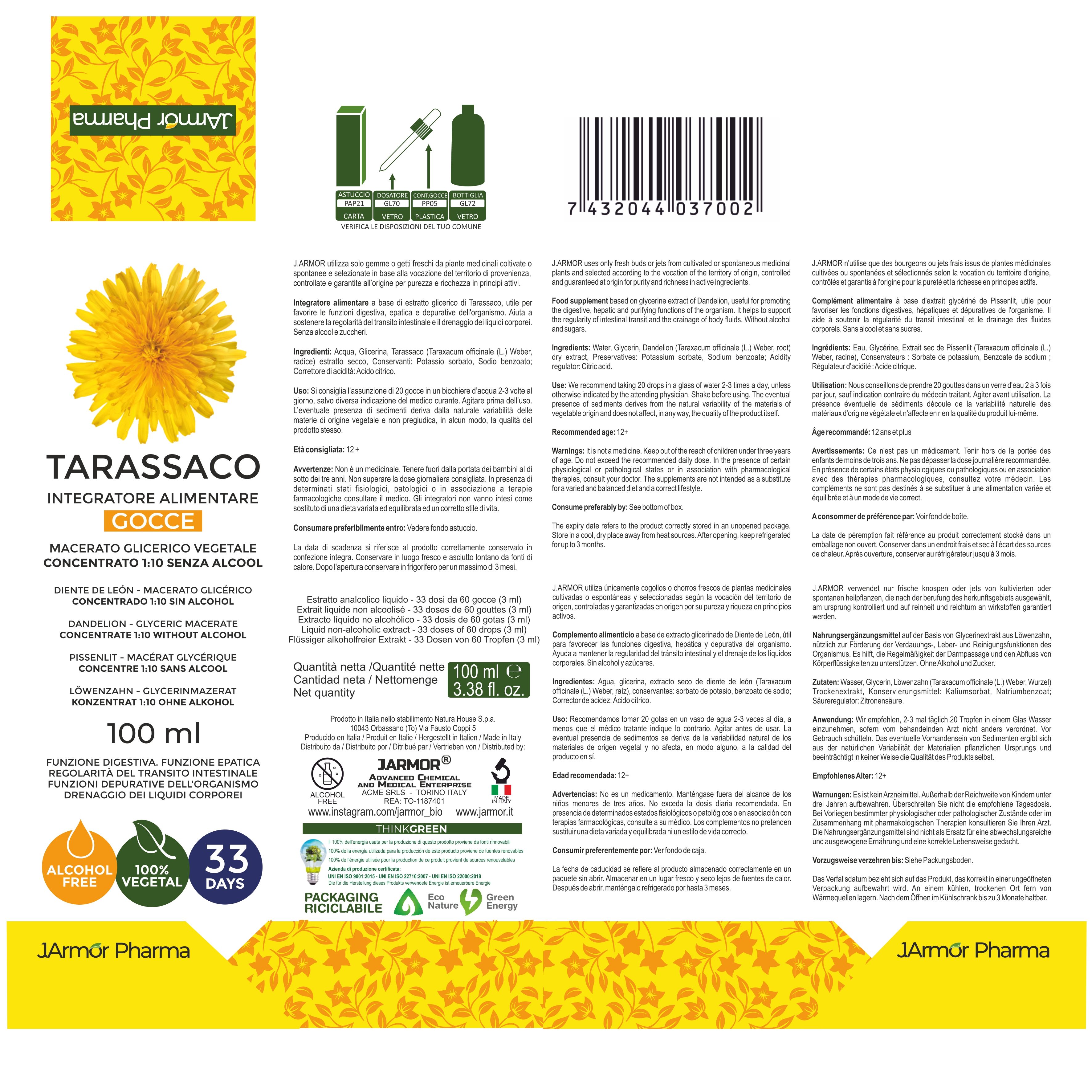 Confezione del prodotto con testo e illustrazioni. Testo: Tarassaco Integratore Alimentare Gocce. J.Armor Pharma.
