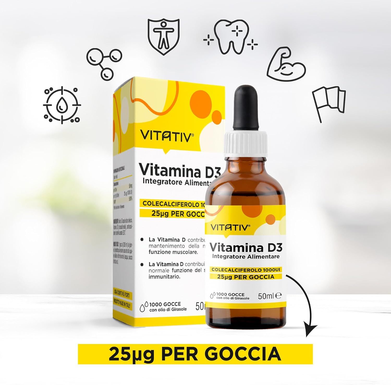 Vitativ® Vitamina D3 1000UI per Goccia - 50 ml (1000 Gocce)