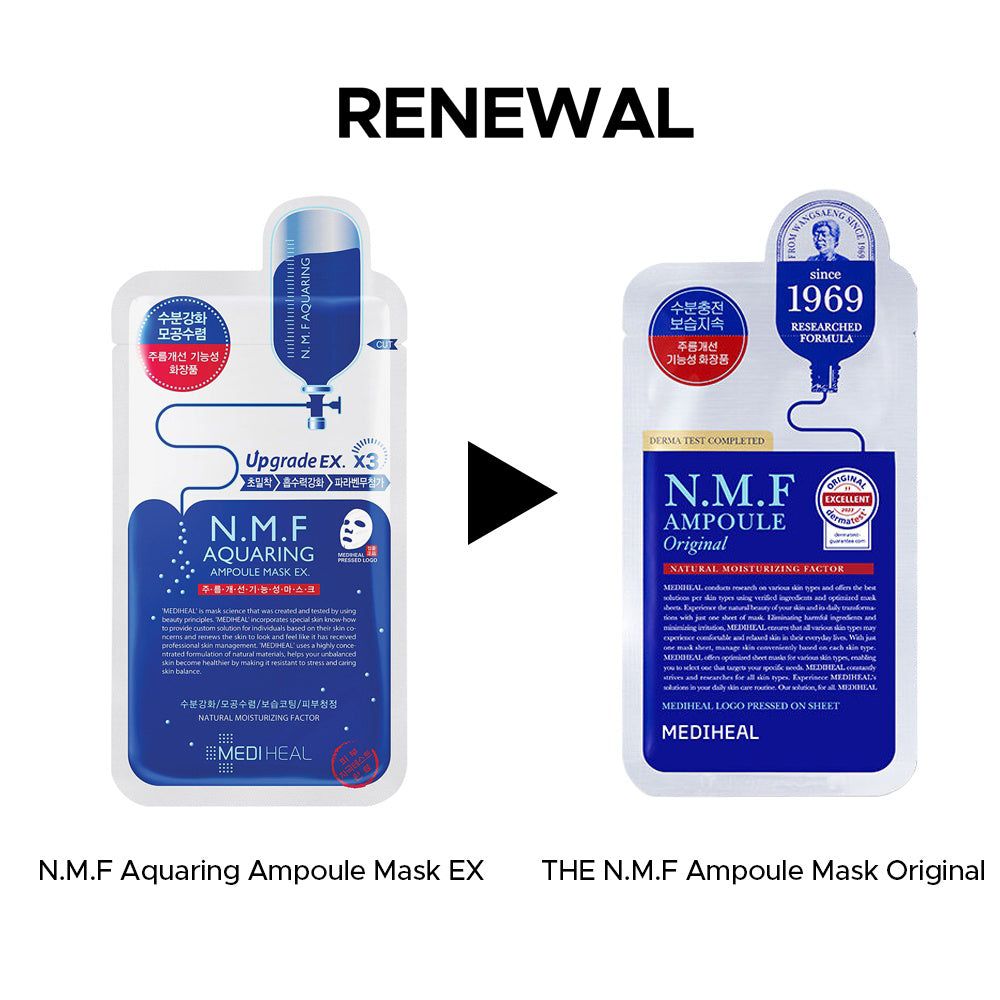 Confronto tra N.M.F Aquaring Ampoule Mask EX e THE N.M.F Ampoule Mask Original. Entrambe le maschere sono mostrate nella confezione.