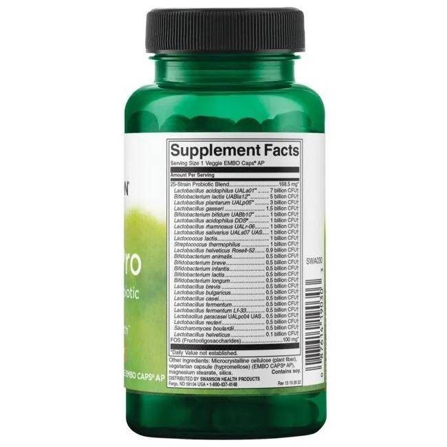 Retro del flacone verde Swanson Epic Pro. Etichetta con informazioni nutrizionali e lista ingredienti. Tappo nero.