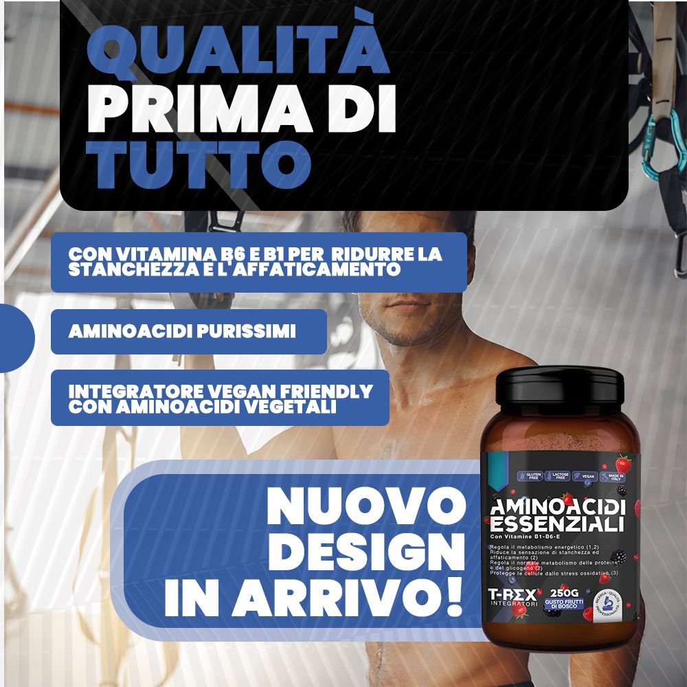 Barattolo nero con informazioni prodotto. Testo: Aminoacidi Essenziali, Gusto Frutti di Bosco. Marchio T-Rex Integratori. Uomo.