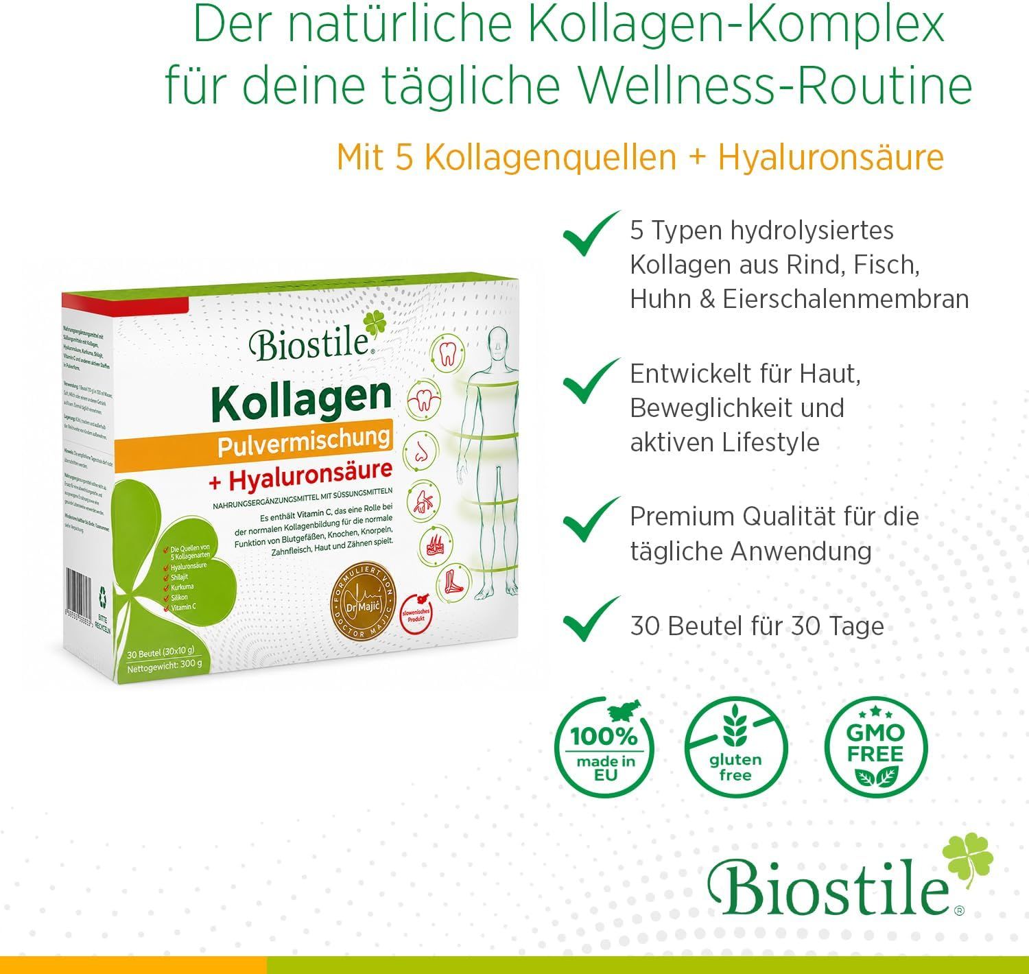 Biostile Collagen Powder Blend + acido ialuronico: 30 bustine per 30 giorni, 5 fonti di collagene, senza OGM.