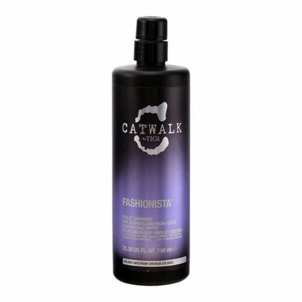 Flacone nero con scritta CATWALK TIGI FASHIONISTA. Sfumatura viola. Testo: VIOLET SHAMPOO. Tappo nero.