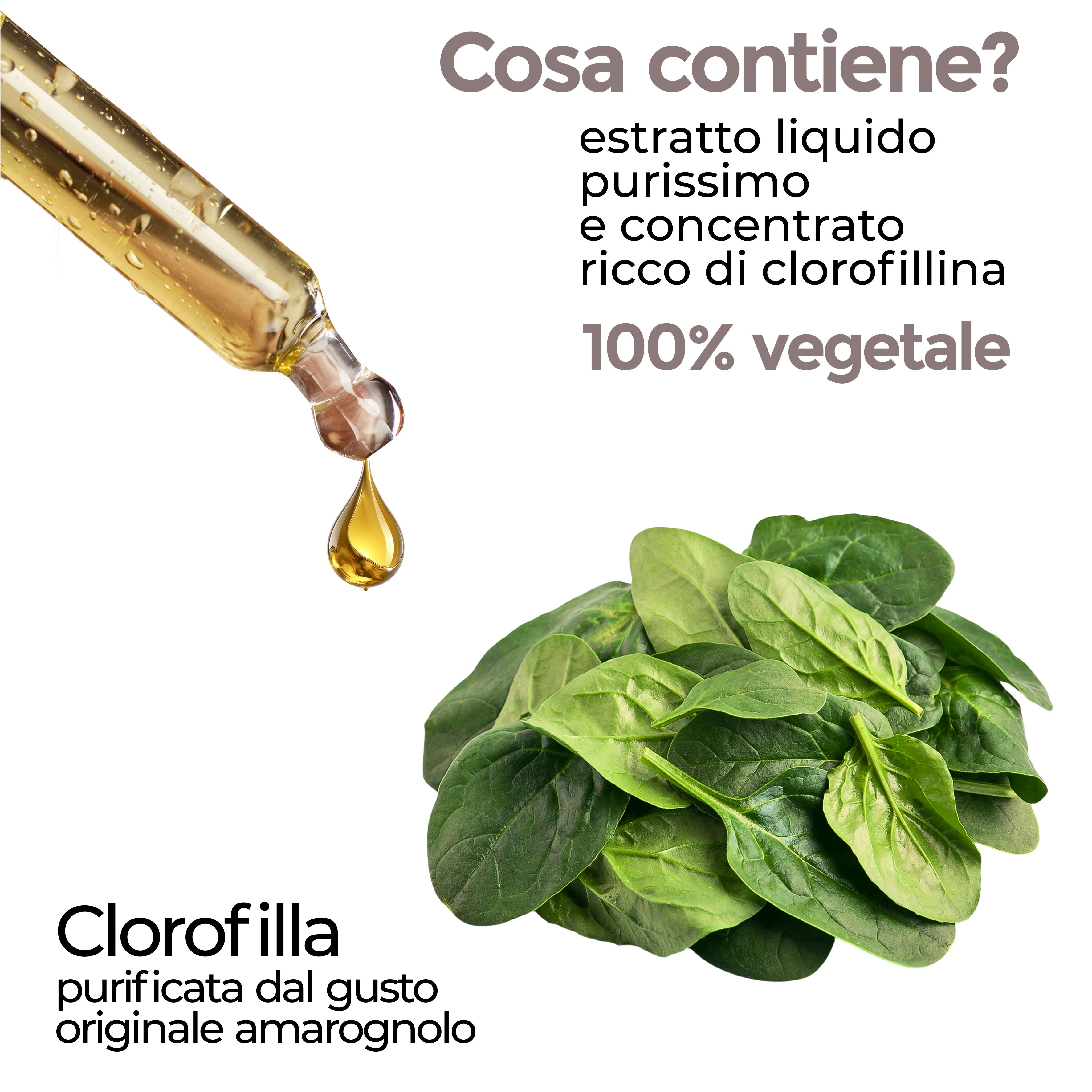 Contagocce con liquido giallo, accanto foglie di spinaci. Testo: 'Cosa contiene?' e '100% vegetale'.
