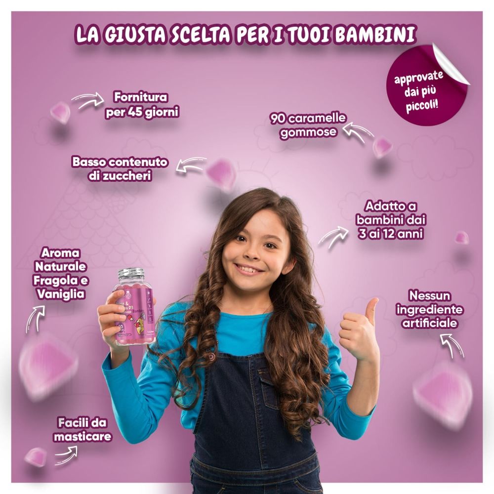 Bambina con flacone di caramelle gommose. Testo: La scelta giusta per i tuoi bambini. 90 caramelle gommose.