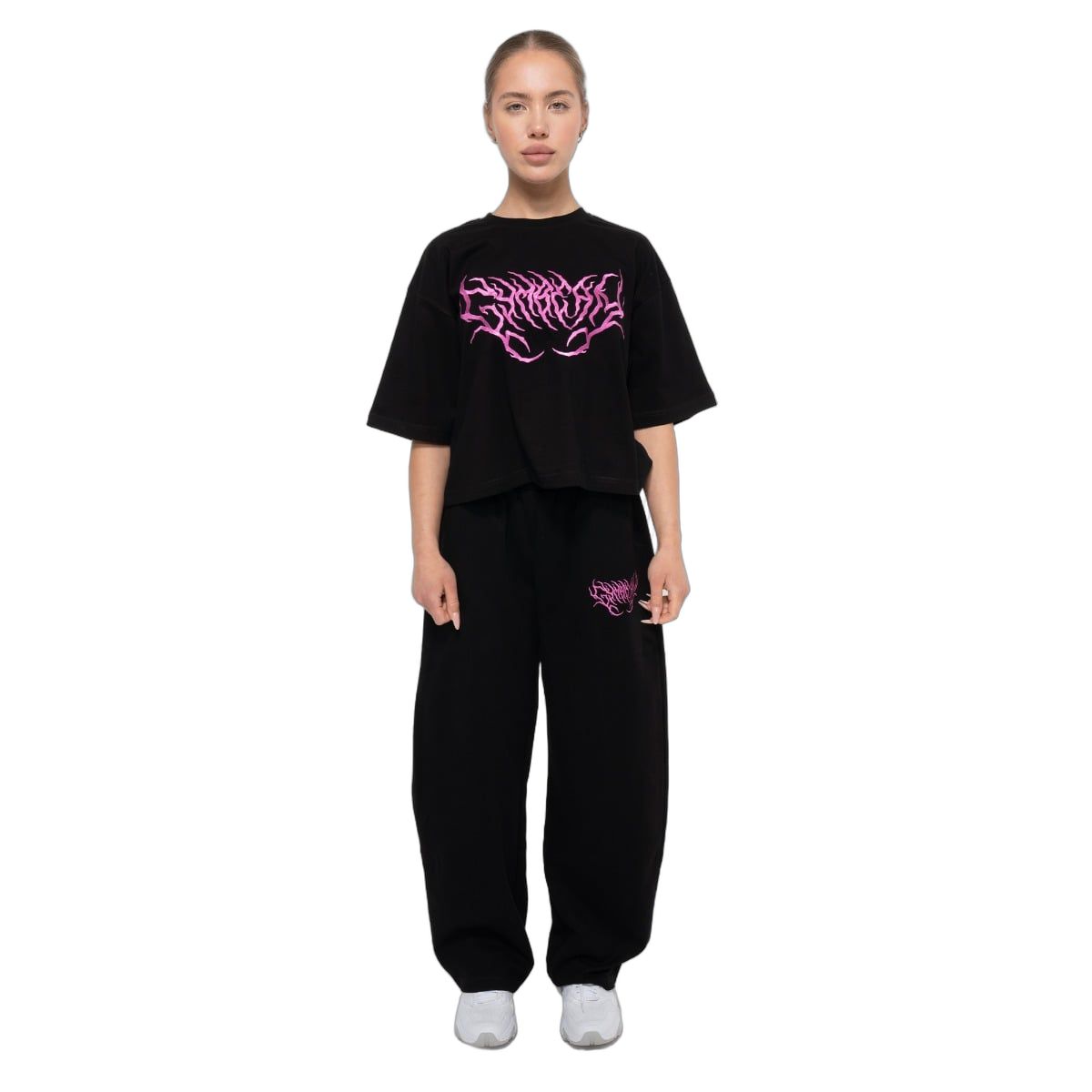 GymBeam T-shirt donna Thorn oversize boxy nera a manica corta con logo tribale