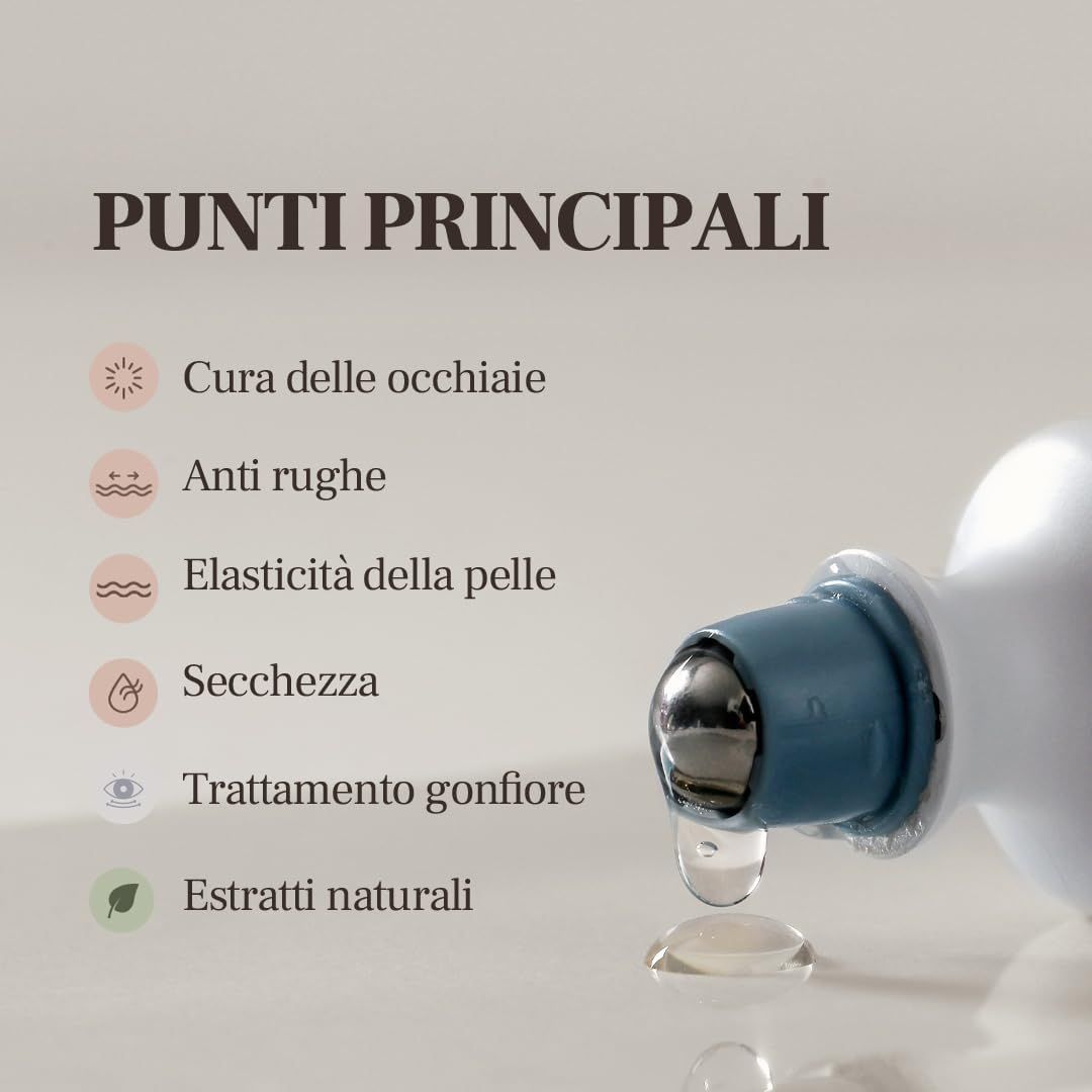 Primo piano dell'applicatore. Testo: Punti chiave: cura degli occhi, antirughe, elasticità della pelle, secchezza, trattamento del gonfiore.