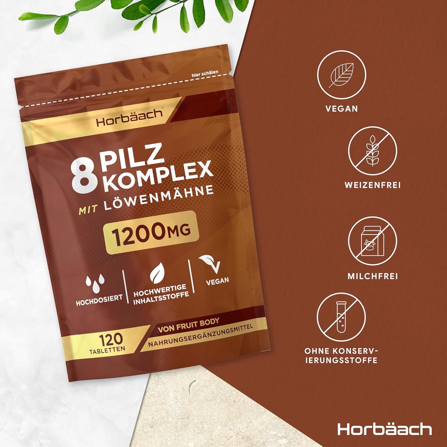 Busta marrone Horbaach 8 Pilz Komplex. 120 compresse, 1200mg. Vegano, senza grano, senza latte, senza conservanti.