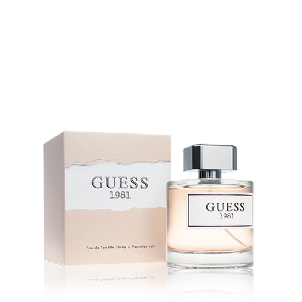 Flacone di profumo e confezione. Flacone con tappo argentato, etichetta rettangolare. Confezione con logo e nome del prodotto.