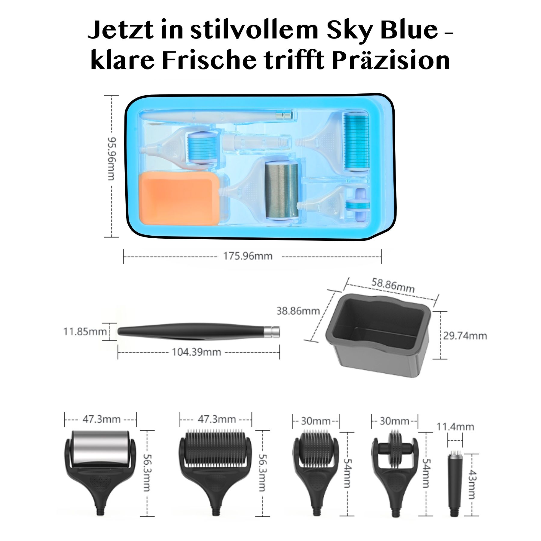 Vari derma roller e accessori. Contiene rulli, contenitore e supporto. Dimensioni e misure visibili.