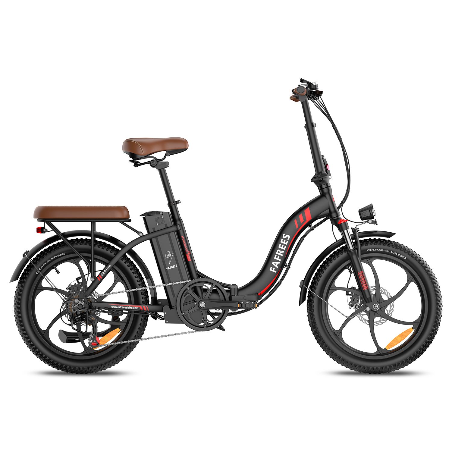 Bicicletta elettrica FAFREES F20 Pro nera. Sella marrone, pneumatici larghi, dettagli rossi. Vista laterale.