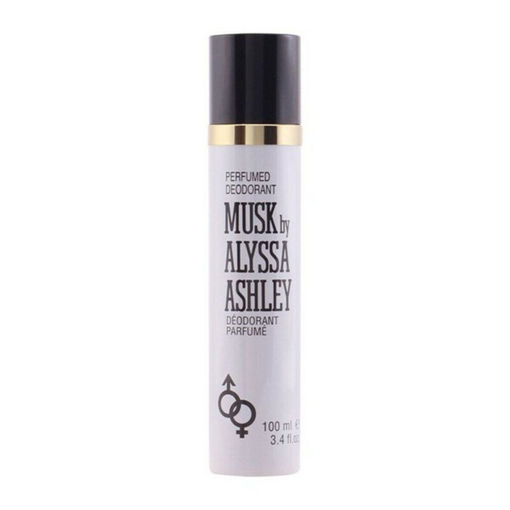 Spray deodorante bianco con tappo nero. Scritta: Musk by Alyssa Ashley. Simbolo di genere. Dettagli dorati.