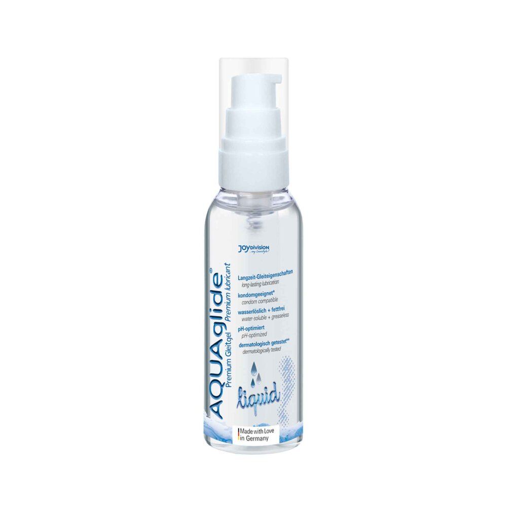 Flacone trasparente con erogatore bianco. Scritta: AQUAglide liquid. Contiene informazioni sulla composizione e pH. Made in Germany.