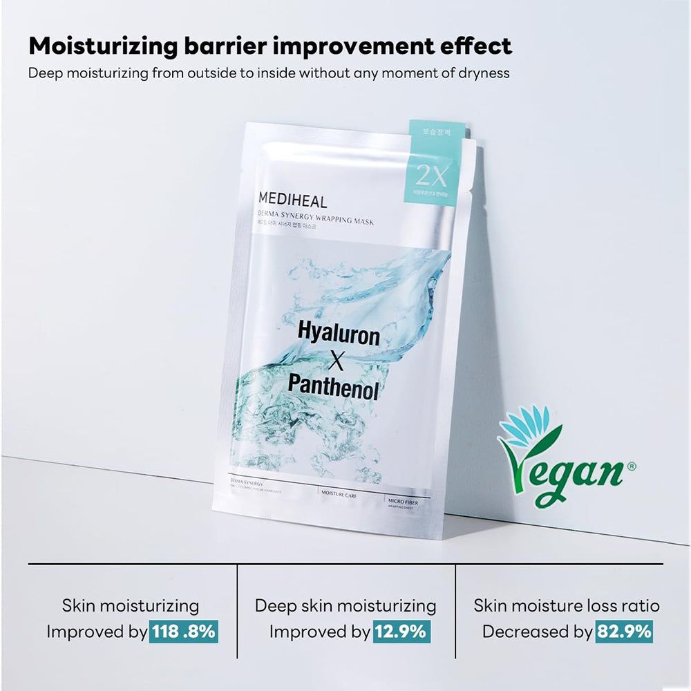 Confezione maschera MEDIHEAL. Contiene Hyaluron e Panthenol. Logo Vegan.