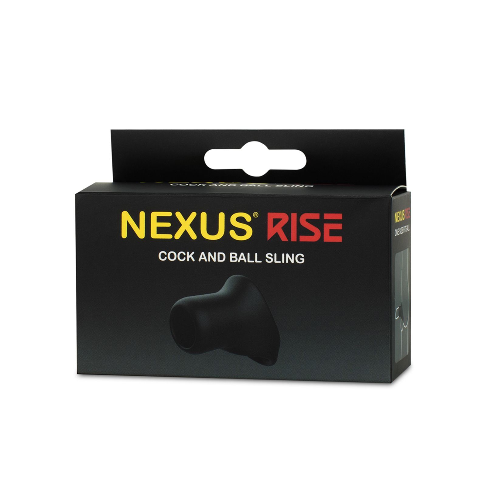 Confezione nera del prodotto con la stampa "NEXUS RISE COCK AND BALL SLING".