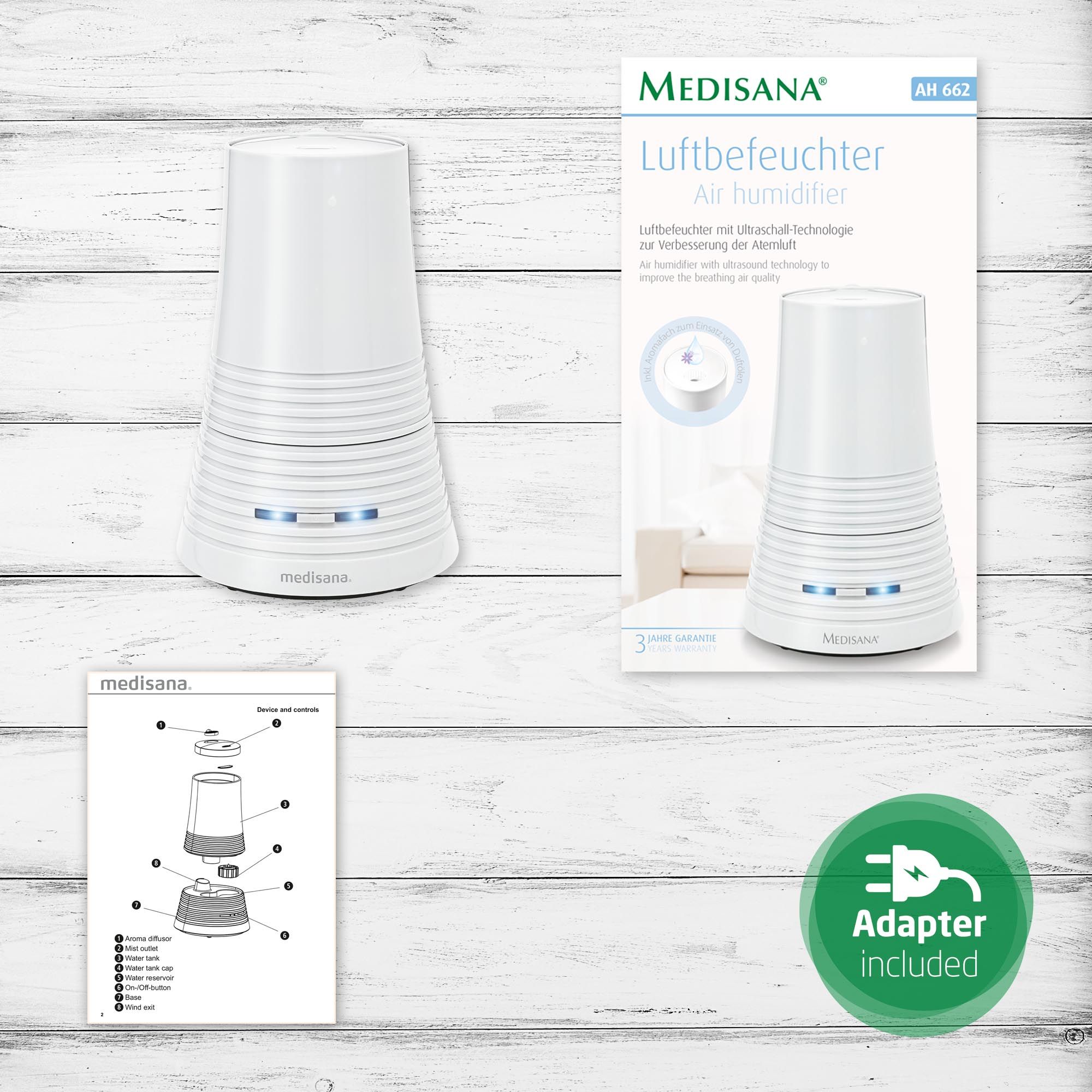 Umidificatore con confezione e accessori. Confezione con immagine del prodotto e "medisana". Manuale di istruzioni e adattatore.
