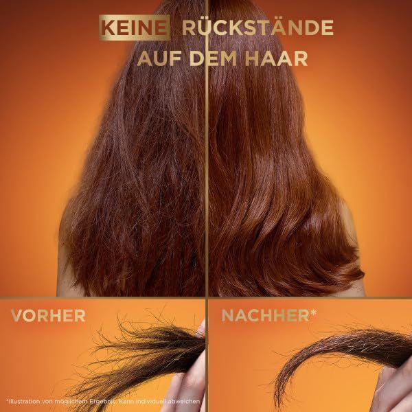 Confronto: effetto prima-dopo. Capelli con doppie punte vs. capelli lisci. Testo: Nessun residuo sui capelli.