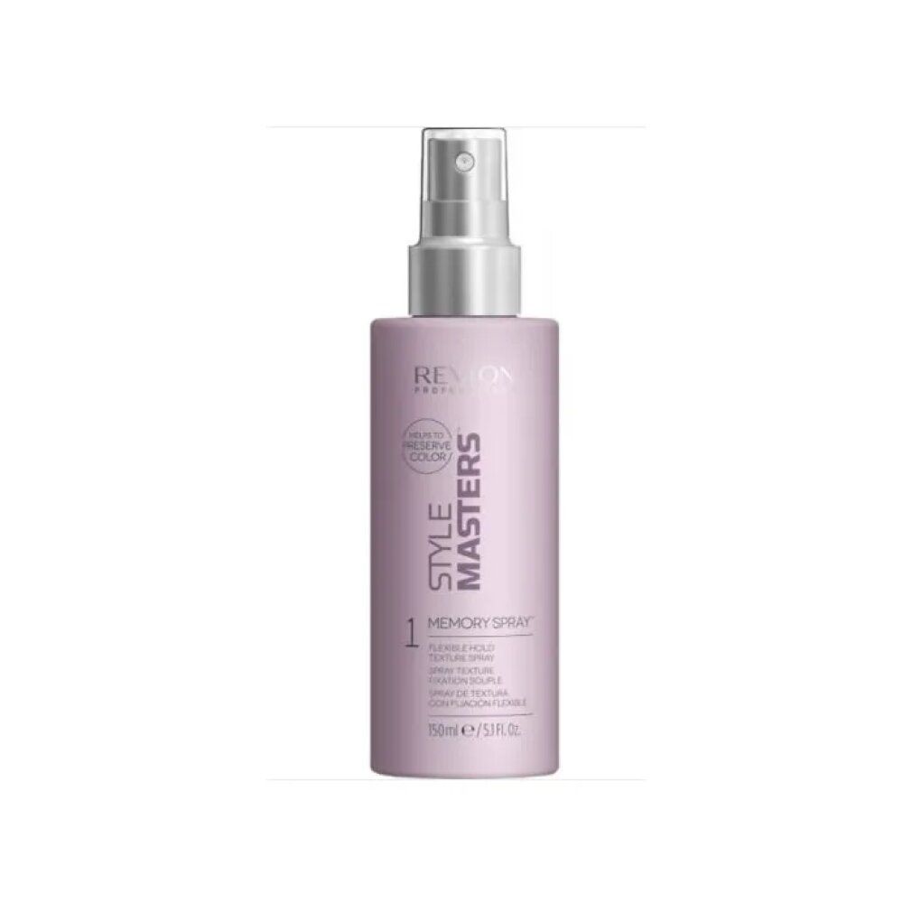 Flacone spray per capelli lilla. Testo: Revlon Style Masters, Memory Spray, Flexible Hold Texture Spray. Con erogatore.