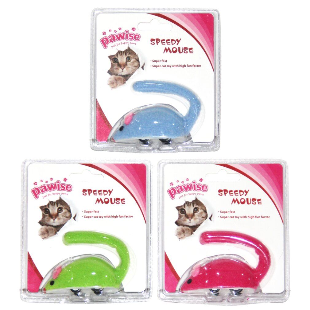 Tre topolini giocattolo in confezione di plastica. Ogni topolino è di colore diverso: blu, verde e rosso. La coda è curva.