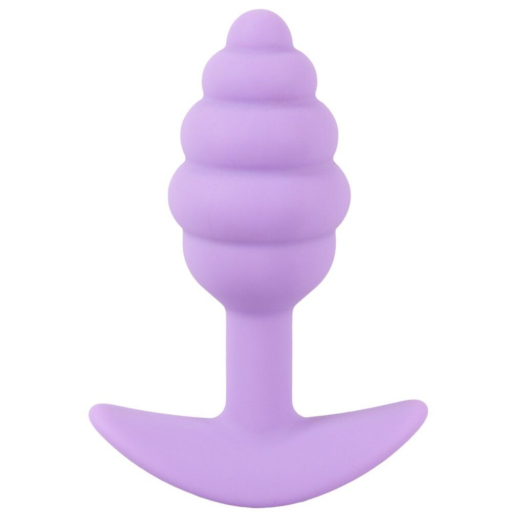 Plug anale viola, punta scanalata, base a T. Realizzato in silicone.