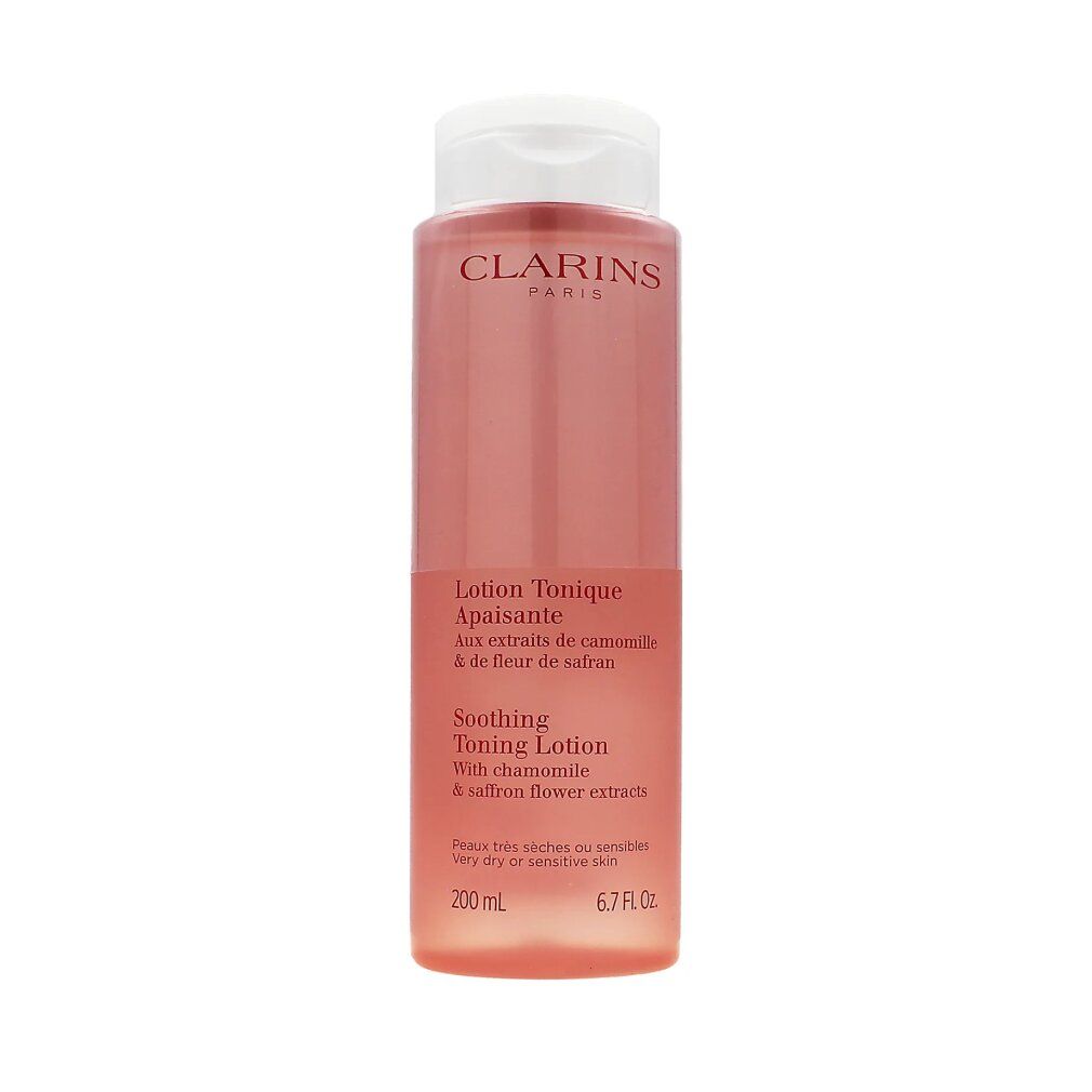 Flacone rosa con tappo bianco. Testo: Clarins, Lotion Tonique Apaisante, 200 ml. Per pelli secche o sensibili.