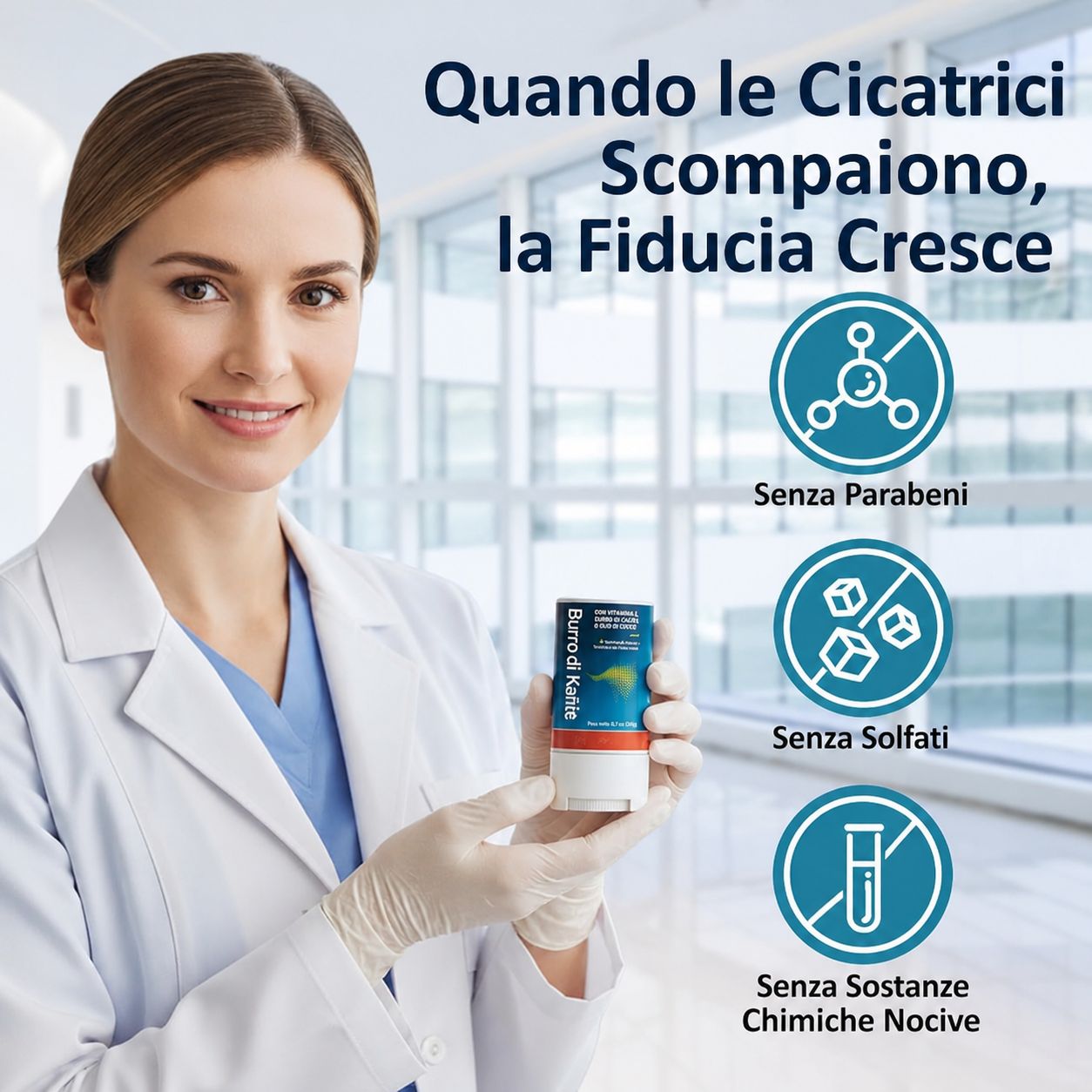 Donna in camice da laboratorio con stick "Burro di Karité". Testo: Senza parabeni, solfati, sostanze chimiche nocive. La fiducia...