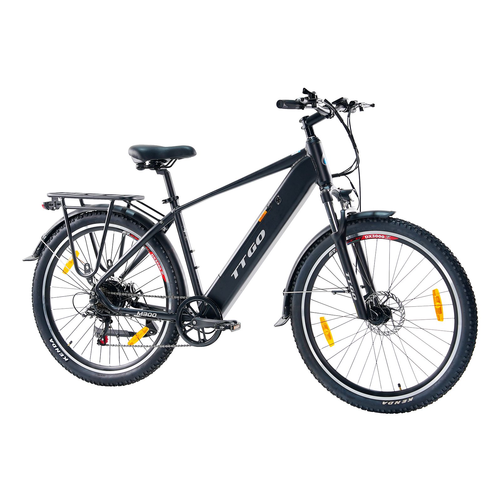 Bicicletta elettrica TTGO M300 nera. Portapacchi, parafanghi, catarifrangenti gialli. Pneumatici Kenda.