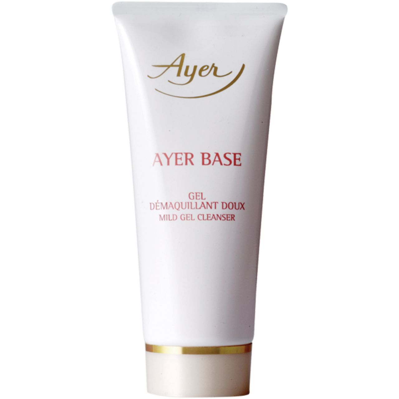 Tubo bianco con dettagli dorati. Scritta: Ayer, Ayer Base, Gel Demaquillant Doux, Mild Gel Cleanser.