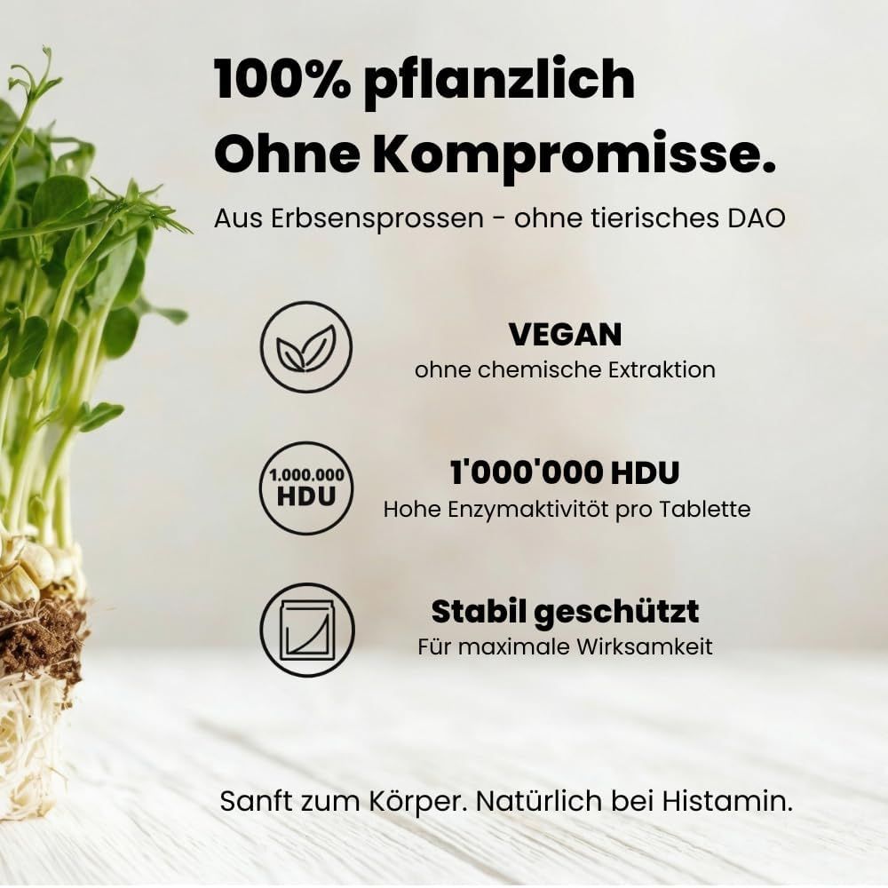 Primo piano di germogli. Testo: 100% vegetale, vegano, 1.000.000 HDU, protezione stabile. Per la massima efficacia.