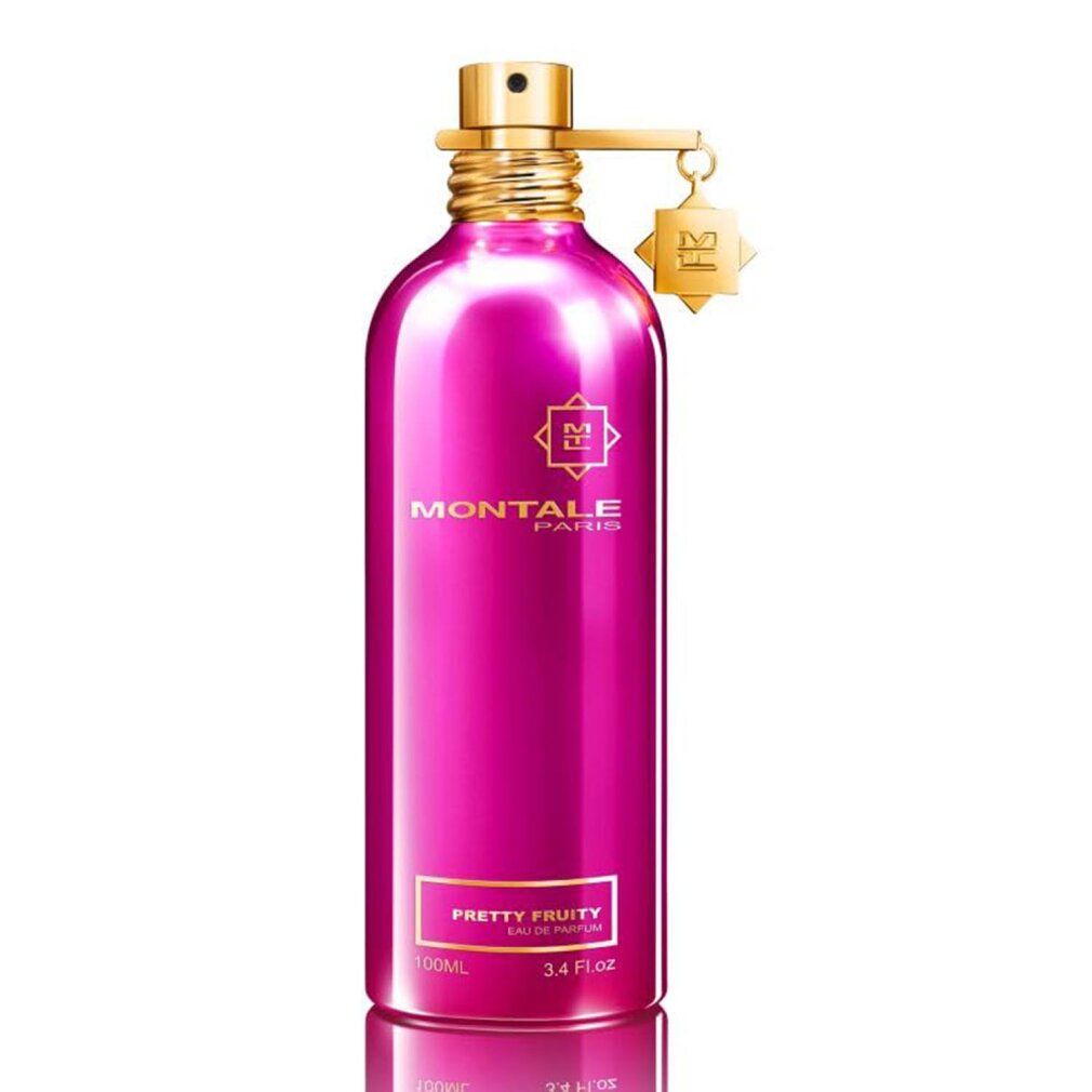 Flacone rosa con tappo dorato. Scritta: MONTALE PARIS, PRETTY FRUITY. Ciondolo con logo.