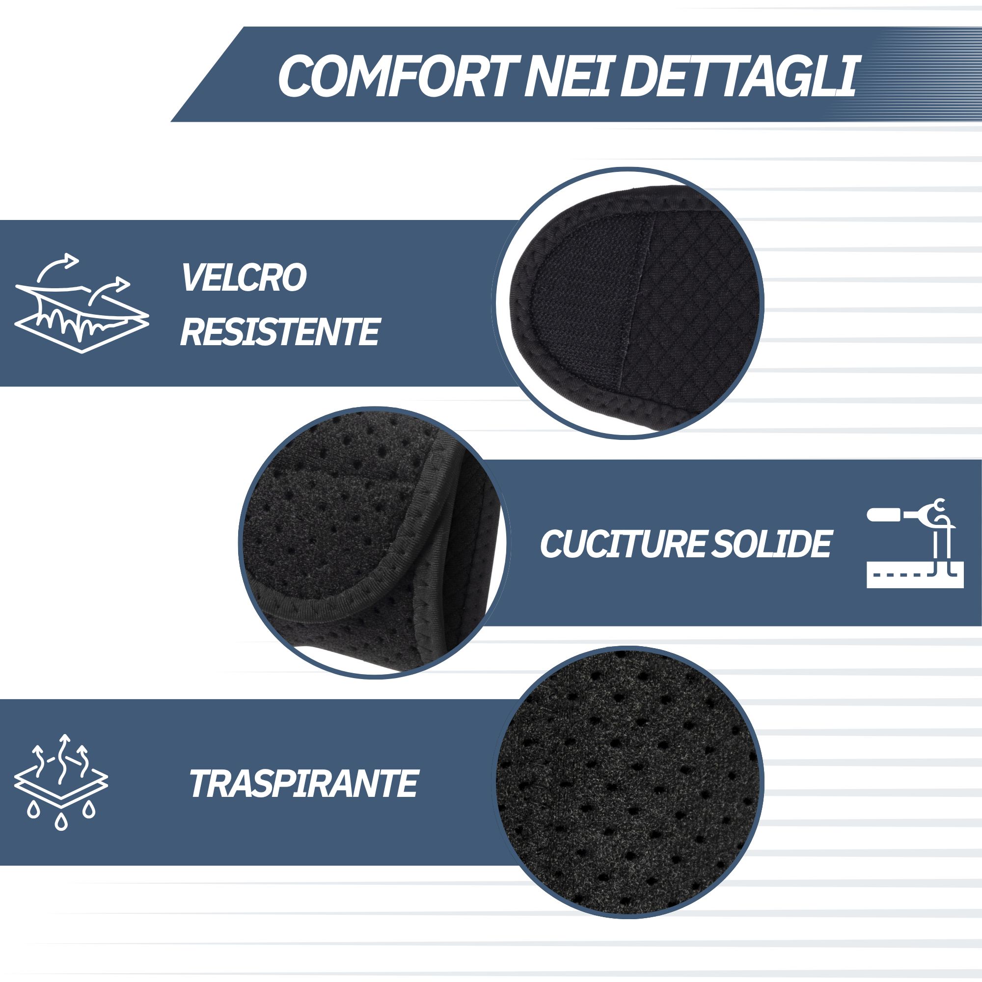 Vista dettagliata di un tutore per polso che mostra la robusta chiusura in velcro e le cuciture.