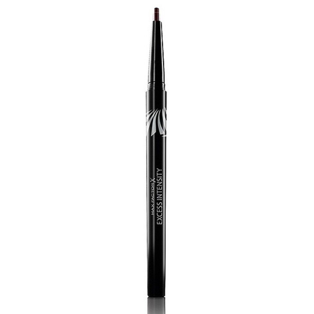 Matita eyeliner marrone scuro. Scritta: MAX FACTOR X EXCESS INTENSITY. Mina marrone scuro, corpo nero con motivo bianco.