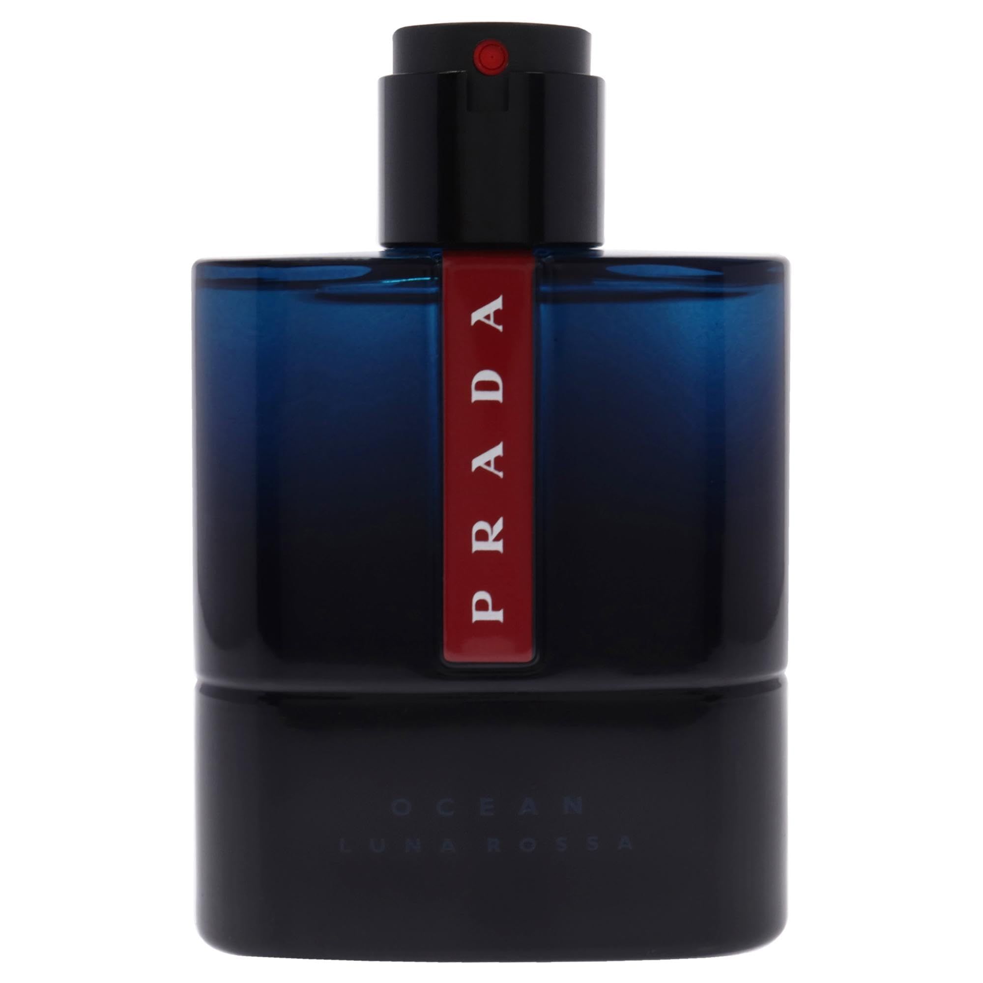 Flacone blu-nero con striscia rossa e logo Prada. Tappo nero. Nome del prodotto e logo sul flacone.