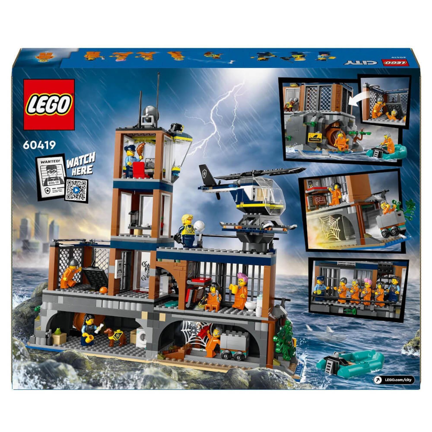 LEGO City Prigione sull'Isola. Retro della confezione con dettagli del set e personaggi.